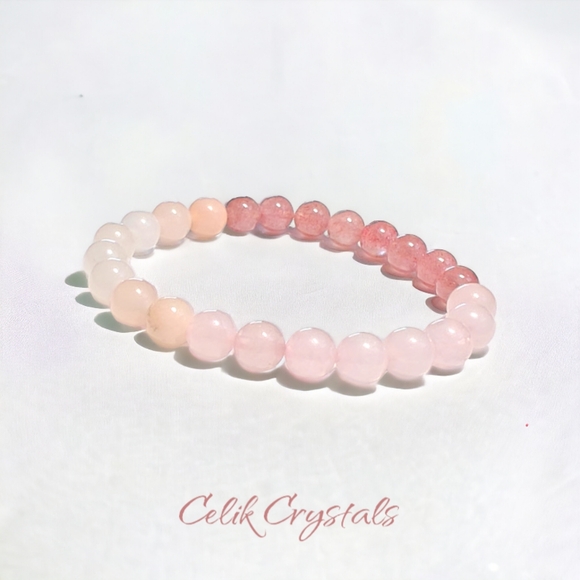 Rose Quartz, Strawberry Quartz & Peach Aventurine Bracelet Natural Stones 8mm - Picture 3 of 5